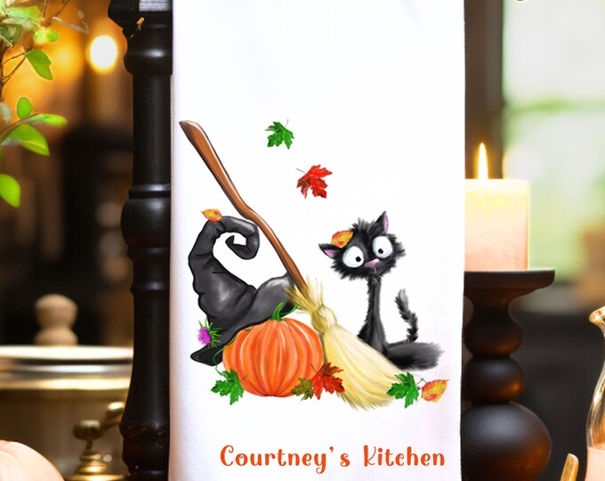 Whimsical Cat Witch Halloween Kitchen Towel - Free Customizing