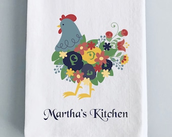 Folk Art Floral Chicken Kitchen Tea Towel