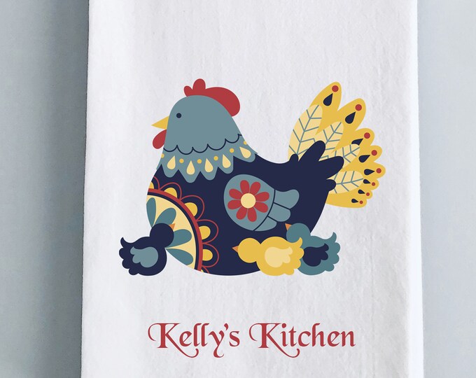 Folk Art Chicken Kitchen Tea Towel