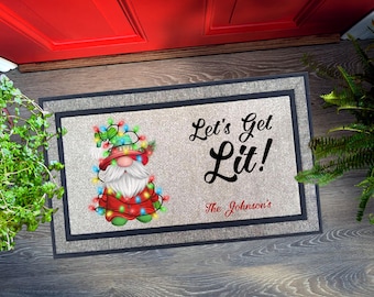 Let's Get Lit Funny Holiday Doormat - Whimsical Gnomes or Personalize for FREE - Extra Durable