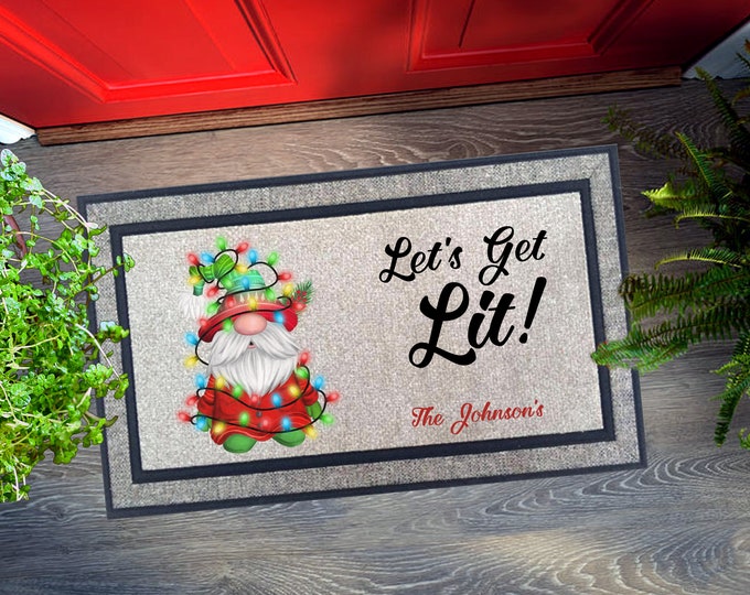 Let's Get Lit Funny Holiday Doormat - Whimsical Gnomes or Personalize for FREE - Extra Durable