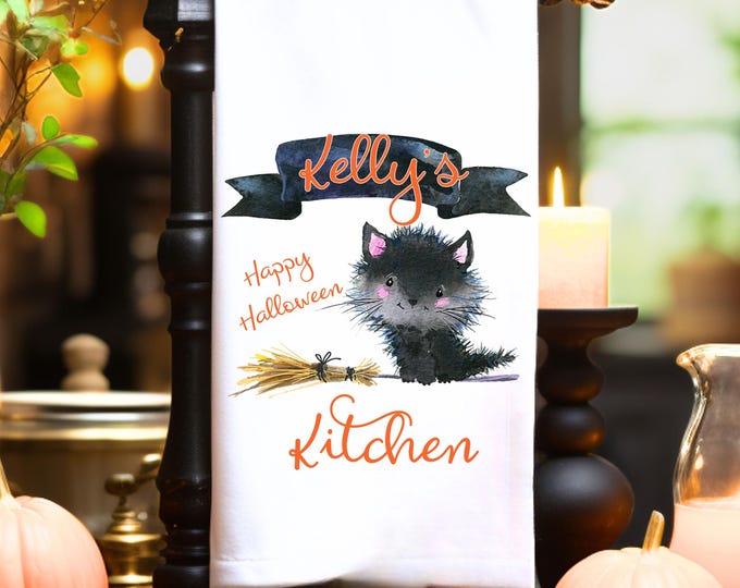 Custom Halloween Towel – Cute Black Cat on Broom | Personalized Fall Kitchen Decor | Custom Name Gift | 100% Cotton | Free US Shipping