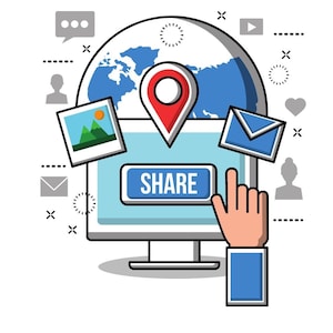 May include: Illustration of a computer screen with a blue button that says "SHARE". A hand is pointing at the button. The screen shows a world map with a red location pin. There are icons for a photo, email, and a person.