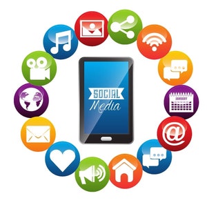 May include: A colorful illustration of social media icons surrounding a smartphone with the text "Social Media" on the screen. The icons include a music note, a video camera, a globe, an envelope, a heart, a megaphone, a house, a share icon, a wifi symbol, a chat bubble, a calendar, an email symbol, and a picture frame.