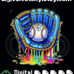 May include: A digital graphic featuring a blue baseball glove holding a baseball covered in colorful sprinkles. The glove has yellow stitching and a rainbow-colored drip effect. The text "digivelvetsky.etsy.com" is at the top, and "Digital download" is at the bottom.