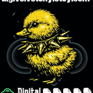 May include: A yellow cartoon duckling wearing a studded collar, set against a black background. The image includes the text "digivelvetsky.etsy.com" at the top and "Digital download" with file type icons at the bottom. The duckling has a punk rock aesthetic.