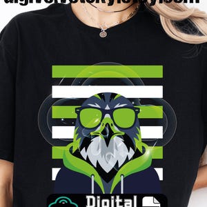 May include: Black t-shirt featuring a graphic of a bird wearing sunglasses and a hoodie, with green and white stripes in the background. The words "Digital Download" are at the bottom, along with a PNG file icon.