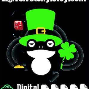 Op de afbeelding: Een digitale downloadafbeelding met een cartoonkikker met een groene leprechaunhoed met een gouden gesp en een groen klavertjevier. De kikker is zwart en wit met een witte buik. De afbeelding bevat de tekst "digivelvetsky.etsy.com" en "Digital download".