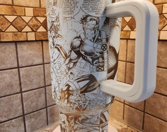 X-Men 40oz Insulated Tumbler – Marvel Comic Black & White Inks – Large Travel Cup with Handle