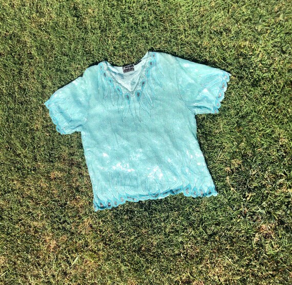 1980s aqua sequined Jewel Queen blouse size L