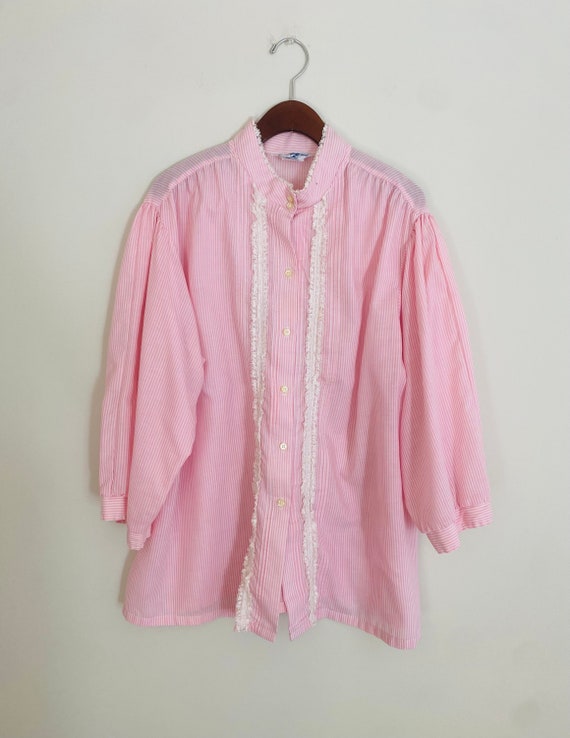 80’s pink stripe lace ruffle blouse size L