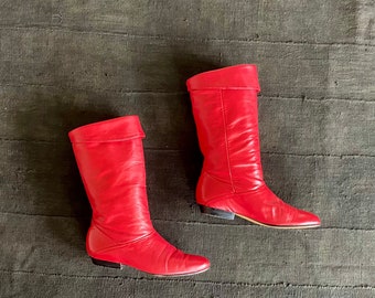 80er-Jahre-Stiefel aus rotem Leder mit mittlerer Wade, Größe 8