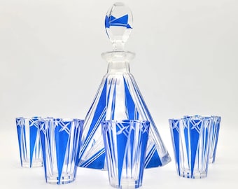 Art Deco Crystal Czech Bohemia Liquor Decanter and Tumblers