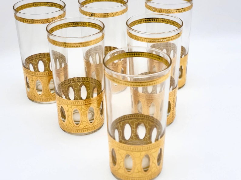 Culver Antigua Cocktail Highball Glasses. 1950s 22k Gold Barware image 7