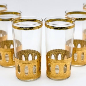 Culver Antigua Cocktail Highball Glasses. 1950s 22k Gold Barware image 4