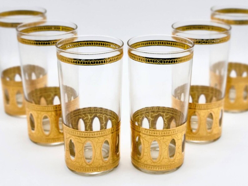 Culver Antigua Cocktail Highball Glasses. 1950s 22k Gold Barware image 4