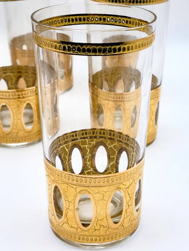 Culver Antigua Cocktail Highball Glasses. 1950s 22k Gold Barware image 2