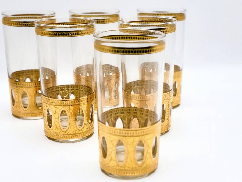 Culver Antigua Cocktail Highball Glasses. 1950s 22k Gold Barware image 1