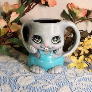 Bunny Mug with Bib, Floppy eared rabbit, Unique Rabbit Cup, Novelty Mug, Hand-Painted container, Ceramic Mug, Quirky Gift
