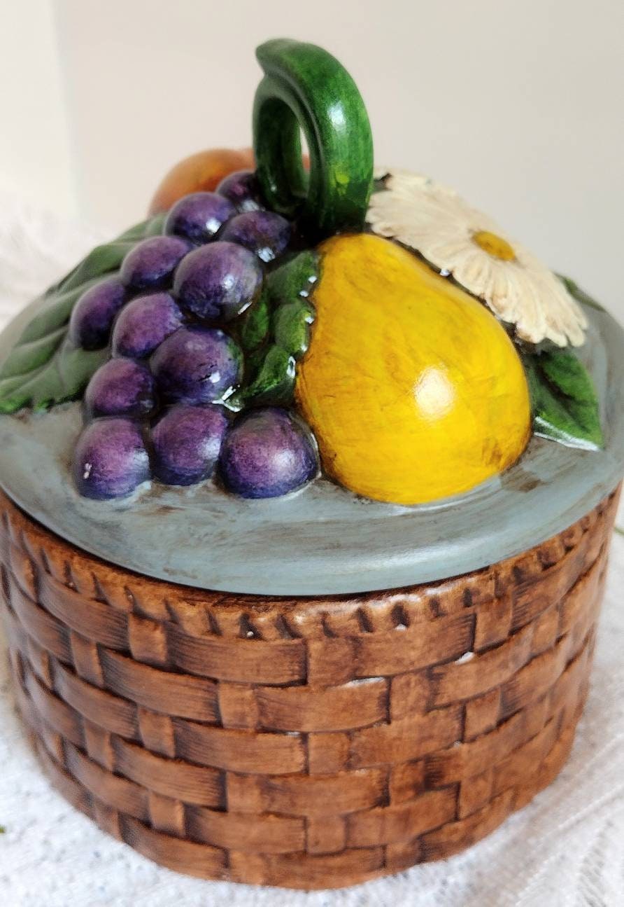 Fruit and Flower Ceramic Box With Lid, Bisque, for Shelf or Vanity