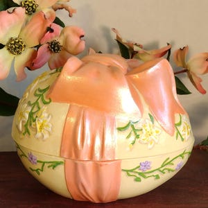 Floral Easter Egg with Peach Bow, Ceramic Box, Trinket Box, Easter Storage, Unique Egg Decor, Floral Covered Box, Gift