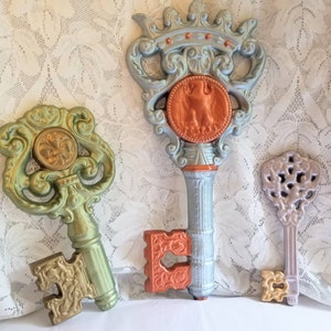 Giant keys wall hanging set of 3, metallic painted ceramics housewarming