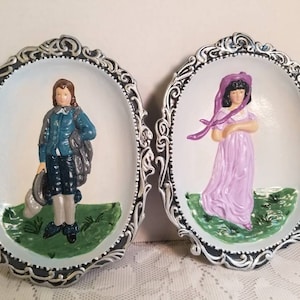 Little Boy Blue and Pinkie, Old fashioned Victorian ceramic girl & boy pair wall plaques, vintage