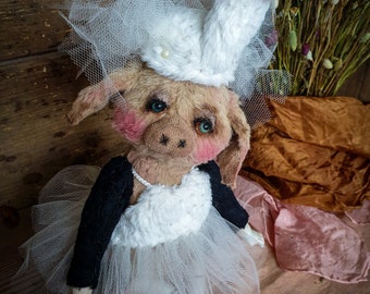 Ooak Piggy Doll Adeline, Ballerina Teddydoll, handgenähte Sammlerpuppe,  Künstlerteddy,  Künstlerpuppe, Schweinchen Unikat, Einzelstück