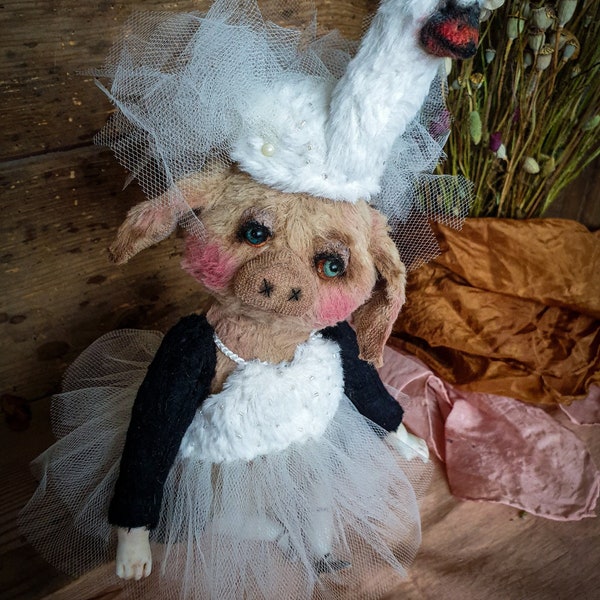 OOAK Piggy Doll Adeline, ballerina teddy doll, hand-sewn collector's doll, artist teddy, artist doll, unique pig, one-of-a-kind
