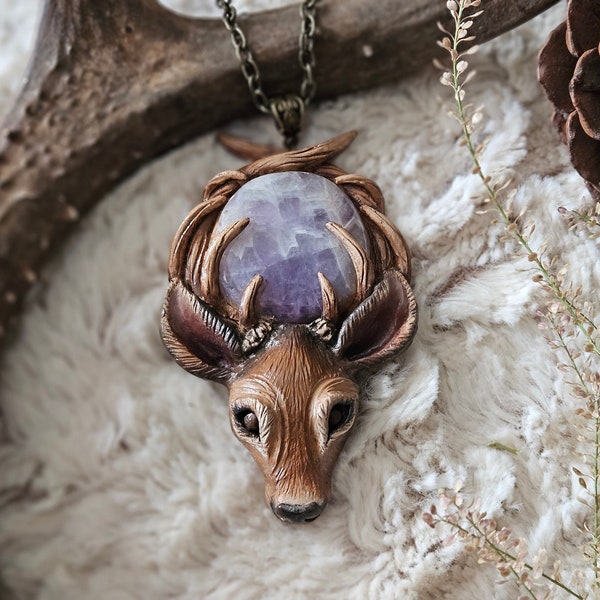 OOAK Deer Necklace | Polymer Clay Necklace | Deer Jewelry | Statement Necklace | Deer Pendant | Deer Totem Necklace | Animal Totem