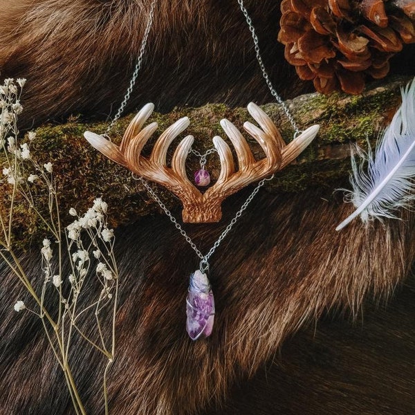 Deer Antler Amethyst Necklace | Polymer Clay Necklace | Deer Pendant | Deer Necklace | Deer Buck Necklace | Pagan Jewelry | Witchy Jewelry