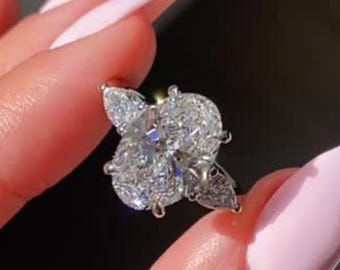 Floral Cluster Moissanite Ring, Sterling Silver Flower Ring, Pear & 2.5CT Oval Statement Ring, Vintage Inspired Engagement Ring Gift for Her