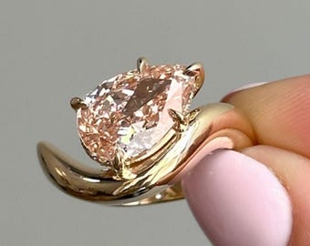 1CT Pink Lab Diamond Ring, IGI Lab Grown Diamond Wave Ring- East West Pear Cut Engagement Ring Promise Ring 10K Solid Gold Pinky Finger Ring