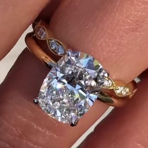 3 Carat Elongated Cushion Moissanite Engagement Ring Set: 10K Yellow Gold Vintage Bridal Set