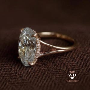 10k 14k 18k Yellow Gold Split Shank Engagement Ring, 5 CT Oval Moissanite, Vintage Hidden Halo Wedding Ring