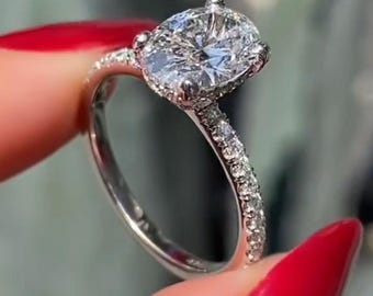 14K White Gold Pave Set Hidden Halo Engagement Ring 1.5 CT Oval Cut Lab Diamond Bridal Ring Classy Proposal Ring Wedding Anniversary Gift