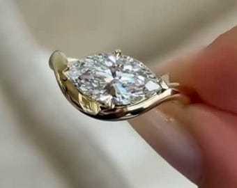 14K Gold Wavy Engagement Ring-1CT Marquise Proposal Promise Ring-Daily Wear Pinky Ring-Modern Minimal Statement Moissanite Diamond Ring