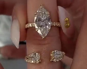 Marquise Cut Moissanite Wedding Bridal Set, 925 Sterling Silver, Pear & Round Half Eternity Open Band, Solitaire Engagement Ring Set