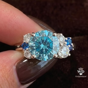 Cyan Blue Moissanite Gorgeous Engagement Ring, 1.55CT Round Cut Blue Moissanite Prong Set Wedding Bridal Party Ring Anniversary Gift For Her