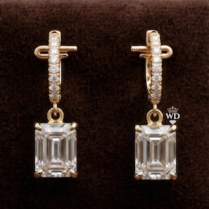 14K White Gold 2+2 CT Emerald Cut Moissanite Dangle Earrings Elegant Wedding Jewelry for Bride Handmade By WeddingDiamond VVS1 Clarity