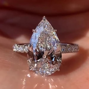 3 CT Pear Shape Moissanite Engagement Ring in 14K 18K White Gold, Pear Cut Hidden Halo Tear Drop Pave Setting Anniversary Gift