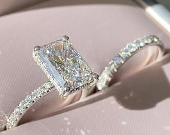 14KWhite Gold Bridal Set\4CT Radiant Hidden Halo Engagement Ring Set\Luxury Stunning Wedding Ring\Pretty Moissanite Anniversary Diamond Ring