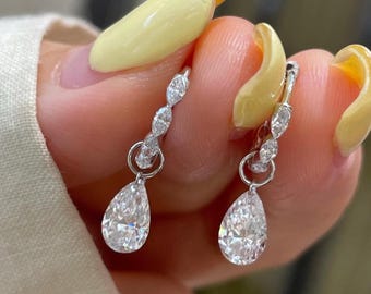 14K White Gold Hoop Dangle Earrings-1+1CT Pear Cut Moissanite Drop Earrings-Statement Pave Bridal Earrings-Luxury Wedding Jewelry For Women