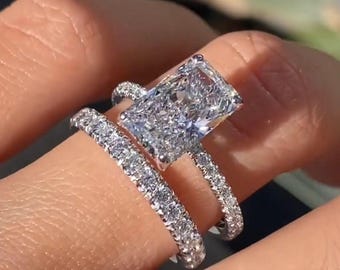 2CT Radiant Cut Hidden Halo Engagement Ring Set Lab Diamond Bridal Wedding Ring Pretty Moissanite Anniversary Ring 14K White Gold Bridal Set