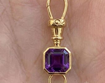 14kGold Dog Clip Clasp Catch Fob Charm For Necklace6MM Asscher Purple Lab Diamond Bezel Set Swivel Charm Holder Watch Clip Jewelry Connector