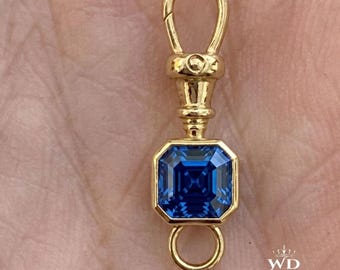 10kGold Swivel Dog Clip Clasp Catch Fob Charm For Necklace 4MM Asscher Blue Lab Diamond Bezel Set Charm Holder Watch Clip Jewelry Connector