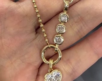 2CT Heart Cut Pendant with 3MM Cushion Cut Dog Clip Clasp For Necklace Lab Diamond Charm 10K Gold Fob Clip & Charm Connector For Ball Chain