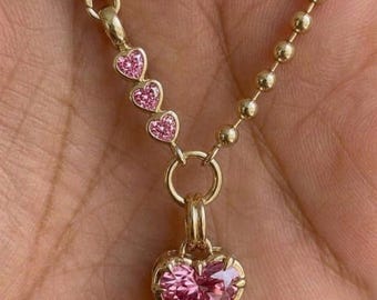 2CT Heart Cut Pendant with 3MM Heart Cut Dog Clip Clasp For Necklace Light Pink Lab Diamond Charm 14K Gold Birthstone Charm Connector Chain