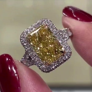 Carat Yellow Diamond Ring, Radiant Cut Lab Diamond, Solid Gold Luxury Halo Engagement Ring