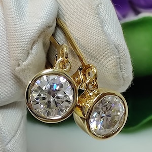 Moissanite Lever Back Drop Earrings: 10K Gold, 7MM Round Cut